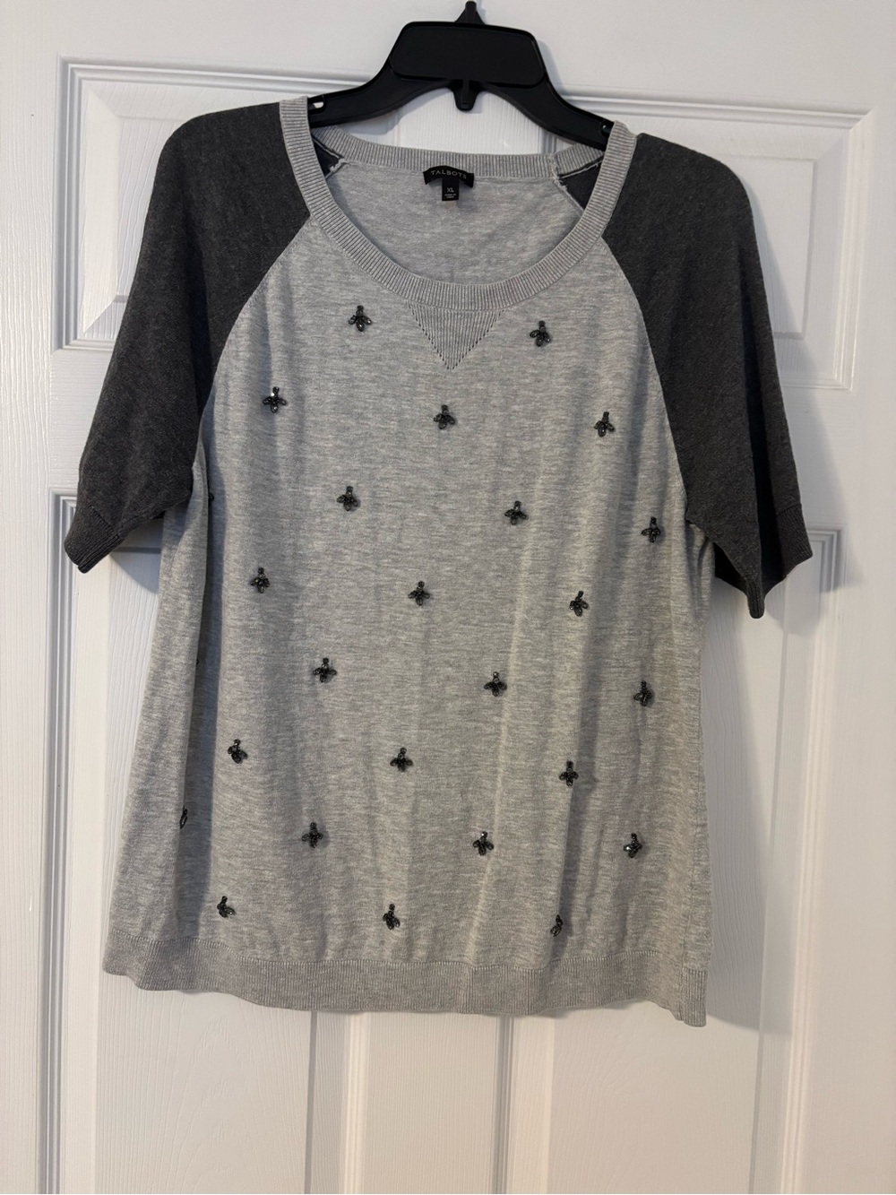 Talbots Grey Jeweled Short Sleeve Sweater Raglan Sleeves Women’s XL